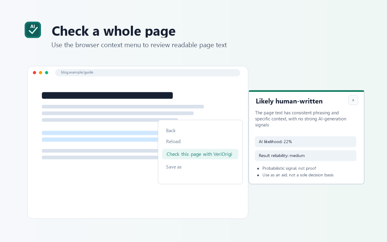 Chrome context menu page check in VeriOrigin AI Checker